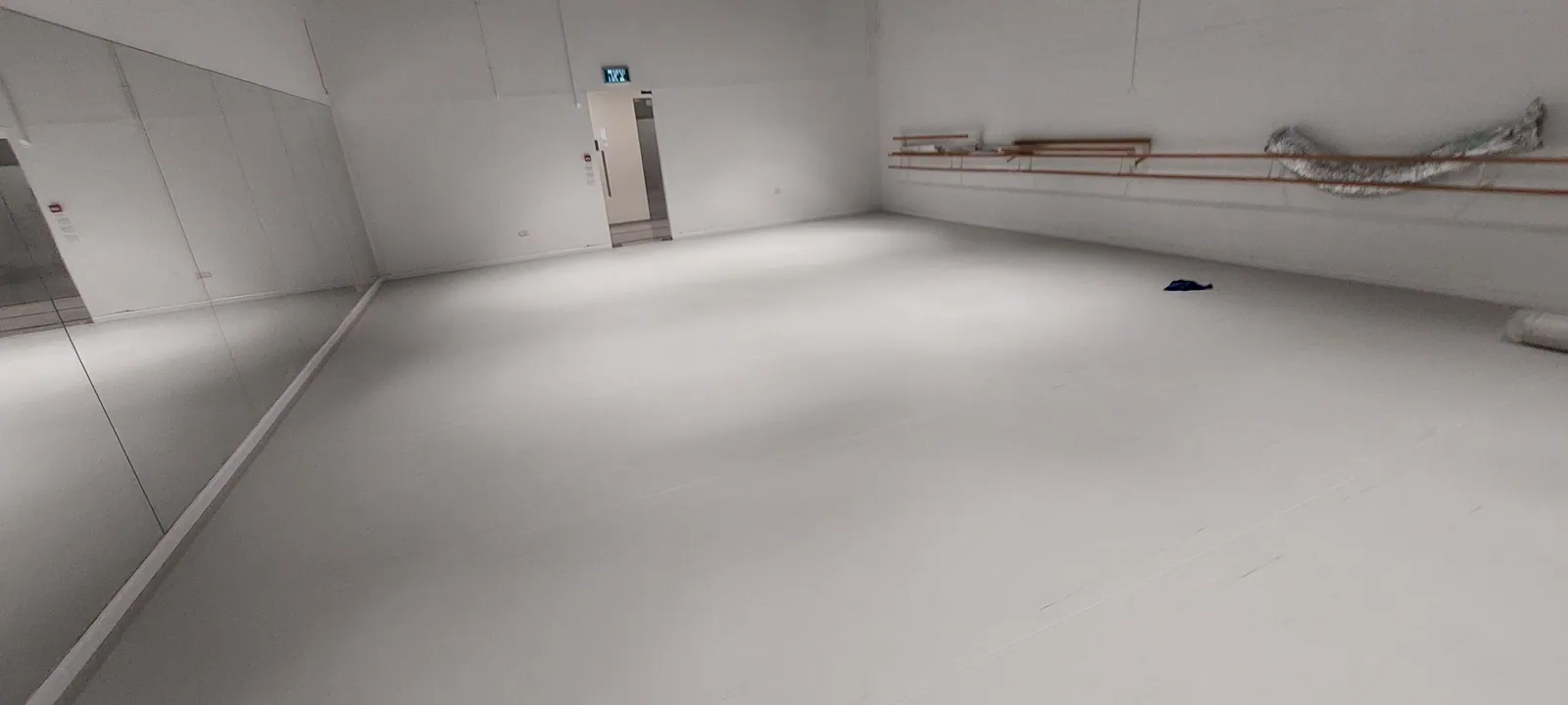 Finished light gray marley floor with barres and mirrors.